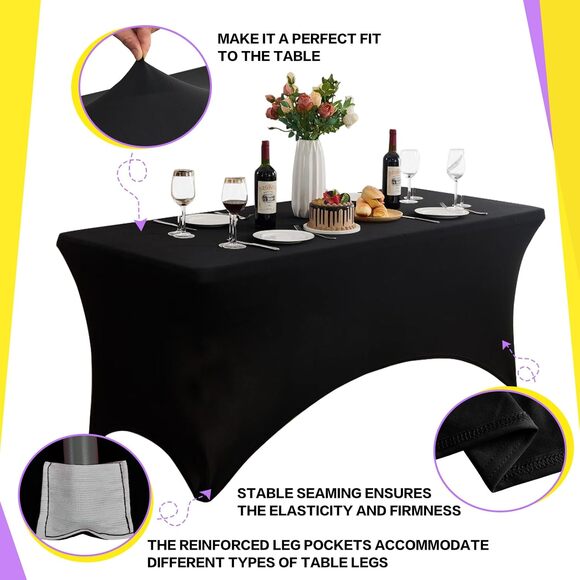 Hussome Lot of 2- 6FT Black Stretch Fitted Tablecloths for Rectangle Tables New - Picture 4 of 9